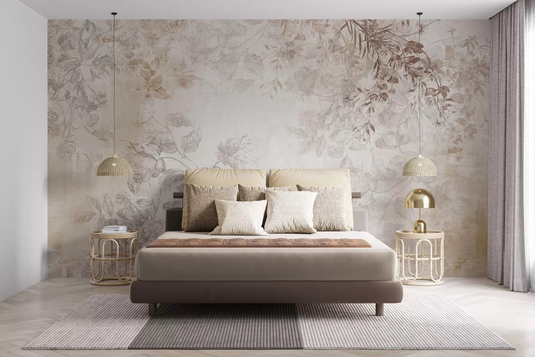 Fototapete Vintage-Blumenkunst mit strukturierter Oberfläche, zarten Gartenblumen und Blattillustrationen im Zeichenstil, sanften Pastelltönen in Beige und Sepia w09402