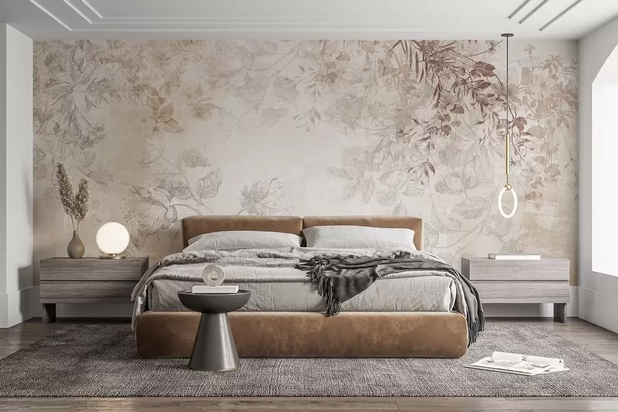 Fototapete Vintage-Blumenkunst mit strukturierter Oberfläche, zarten Gartenblumen und Blattillustrationen im Zeichenstil, sanften Pastelltönen in Beige und Sepia w09402