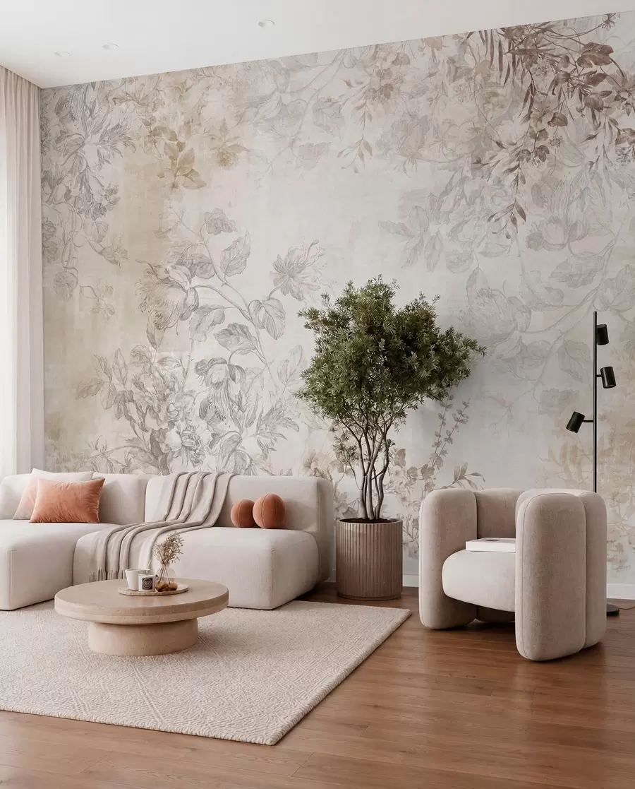 Fototapete Vintage-Blumenkunst mit strukturierter Oberfläche, zarten Gartenblumen und Blattillustrationen im Zeichenstil, sanften Pastelltönen in Beige und Sepia w09402