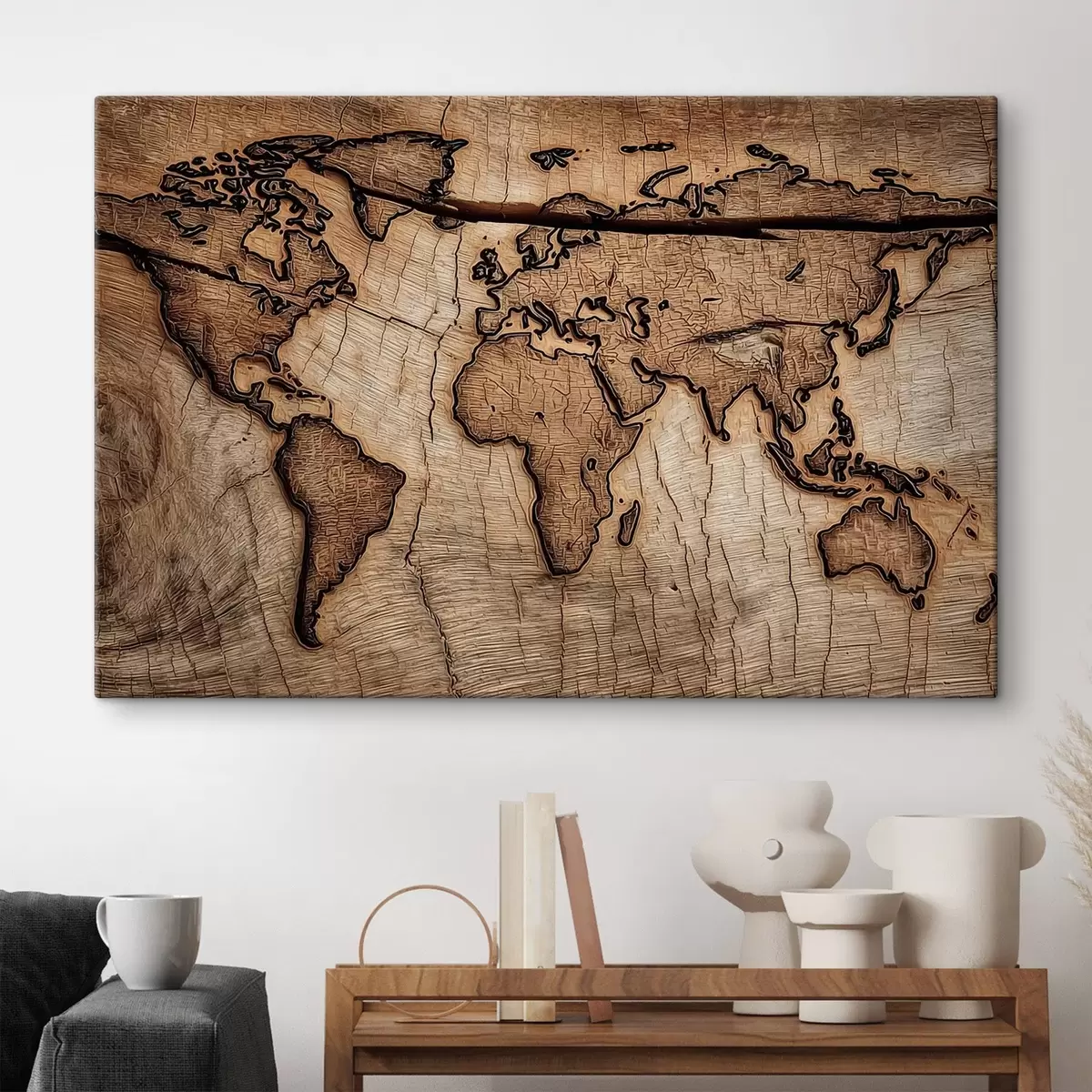 Fototapete Gravierte Weltkarte aus Holz s45805