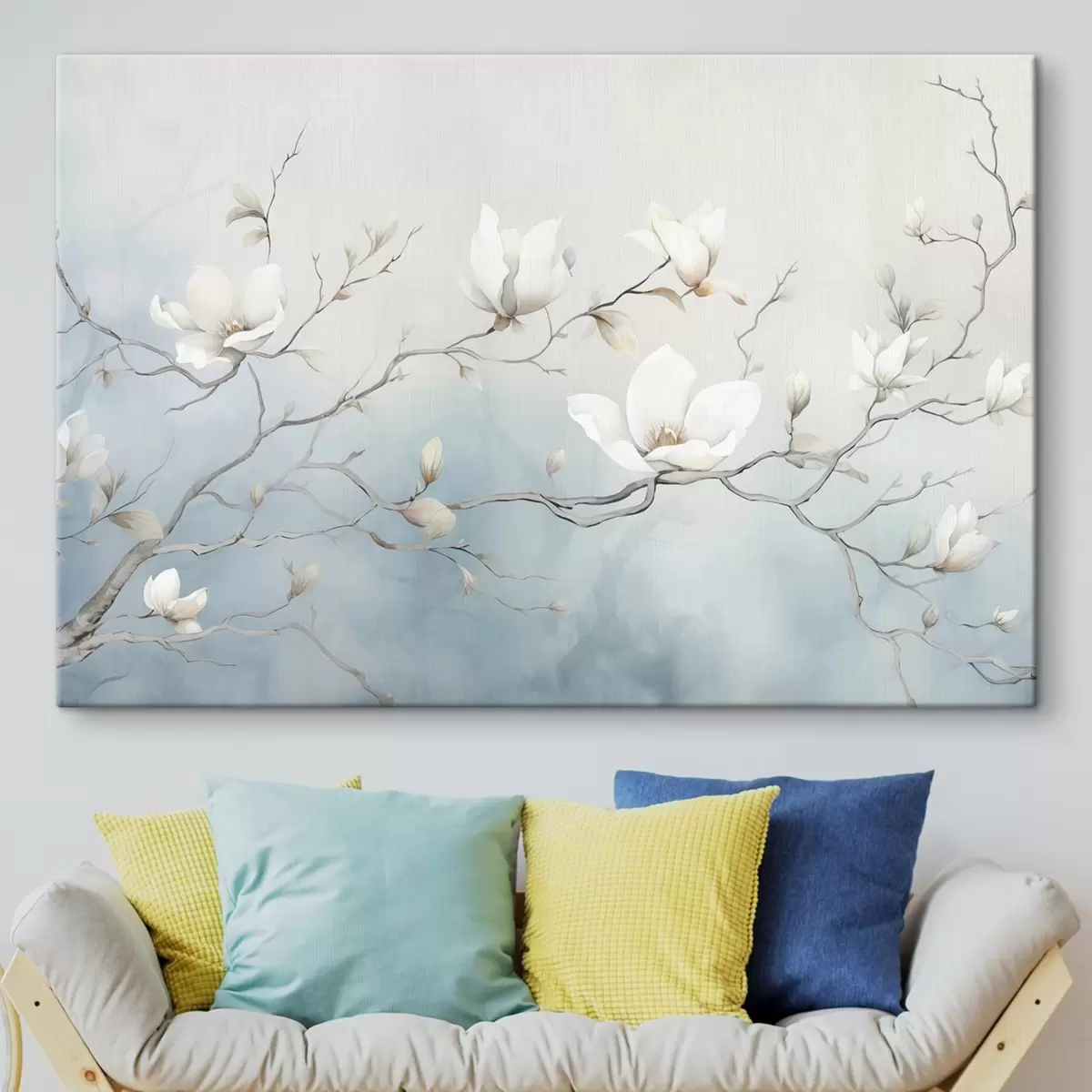 Fototapete Magnolienzweige mit weißen Blüten vor einem zarten Hintergrund s45806