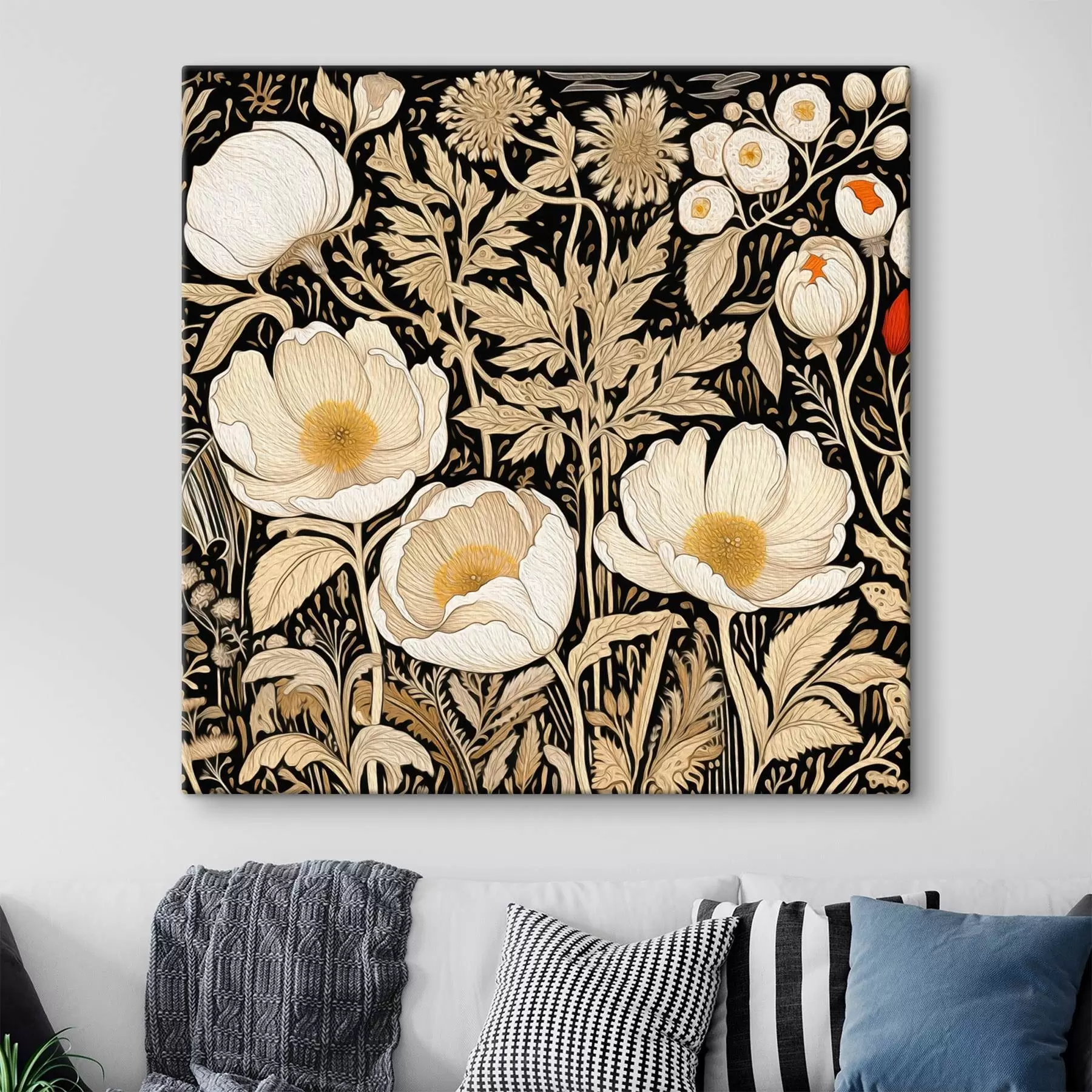 Fototapete Cremefarbene Blumen und Gräser auf schwarzem Hintergrund s45816
