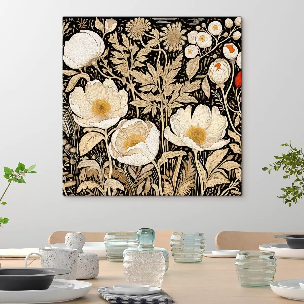Fototapete Cremefarbene Blumen und Gräser auf schwarzem Hintergrund s45816