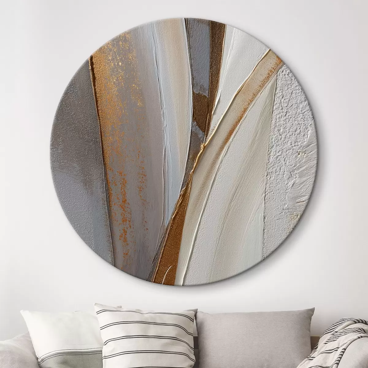 Runde Wandbilder Strukturierte abstrakte Linien mit gelben und orangefarbenen Glitzerpartikeln r45810