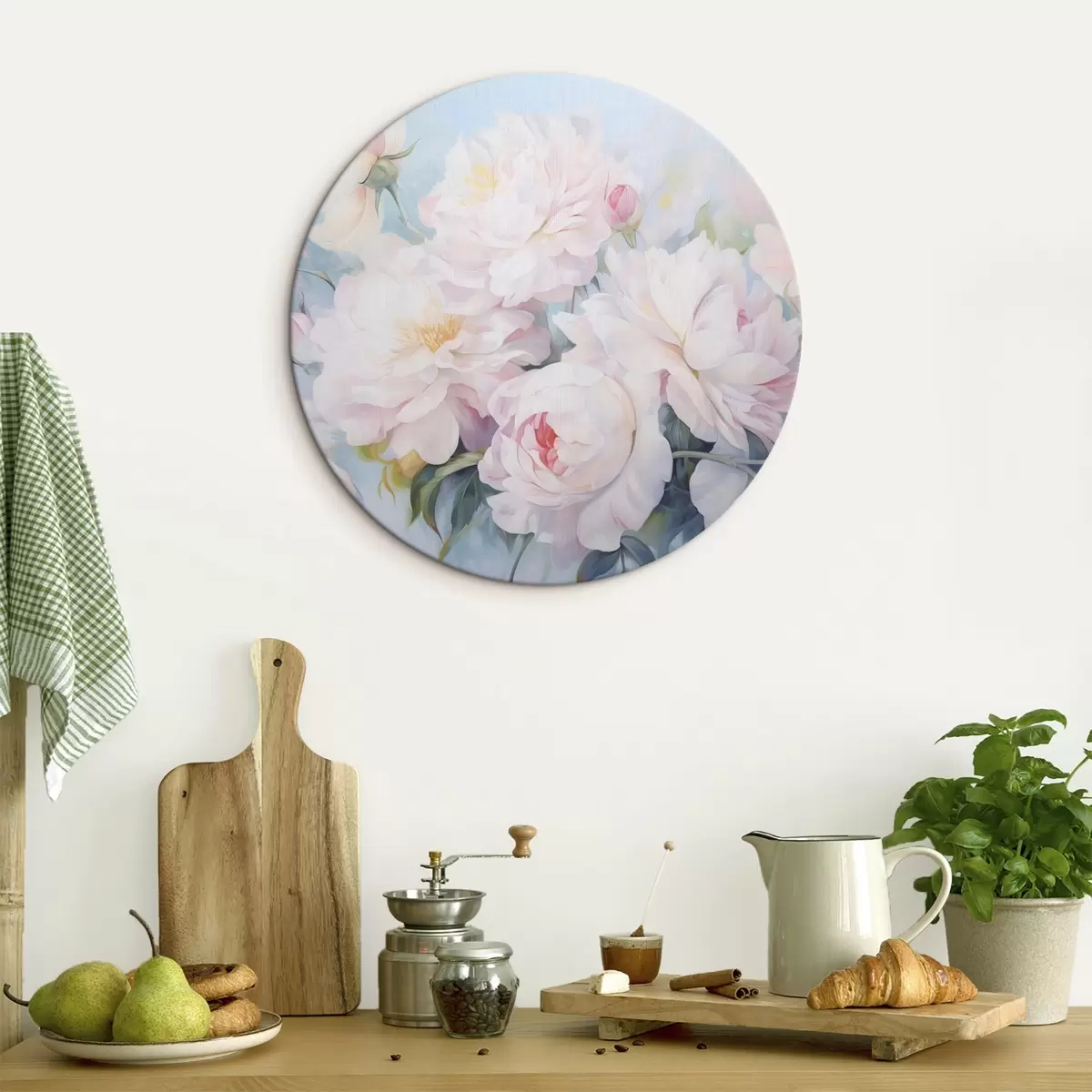 Runde Wandbilder Zarte rosa Pfingstrosen auf himmelblauem Hintergrund r45813