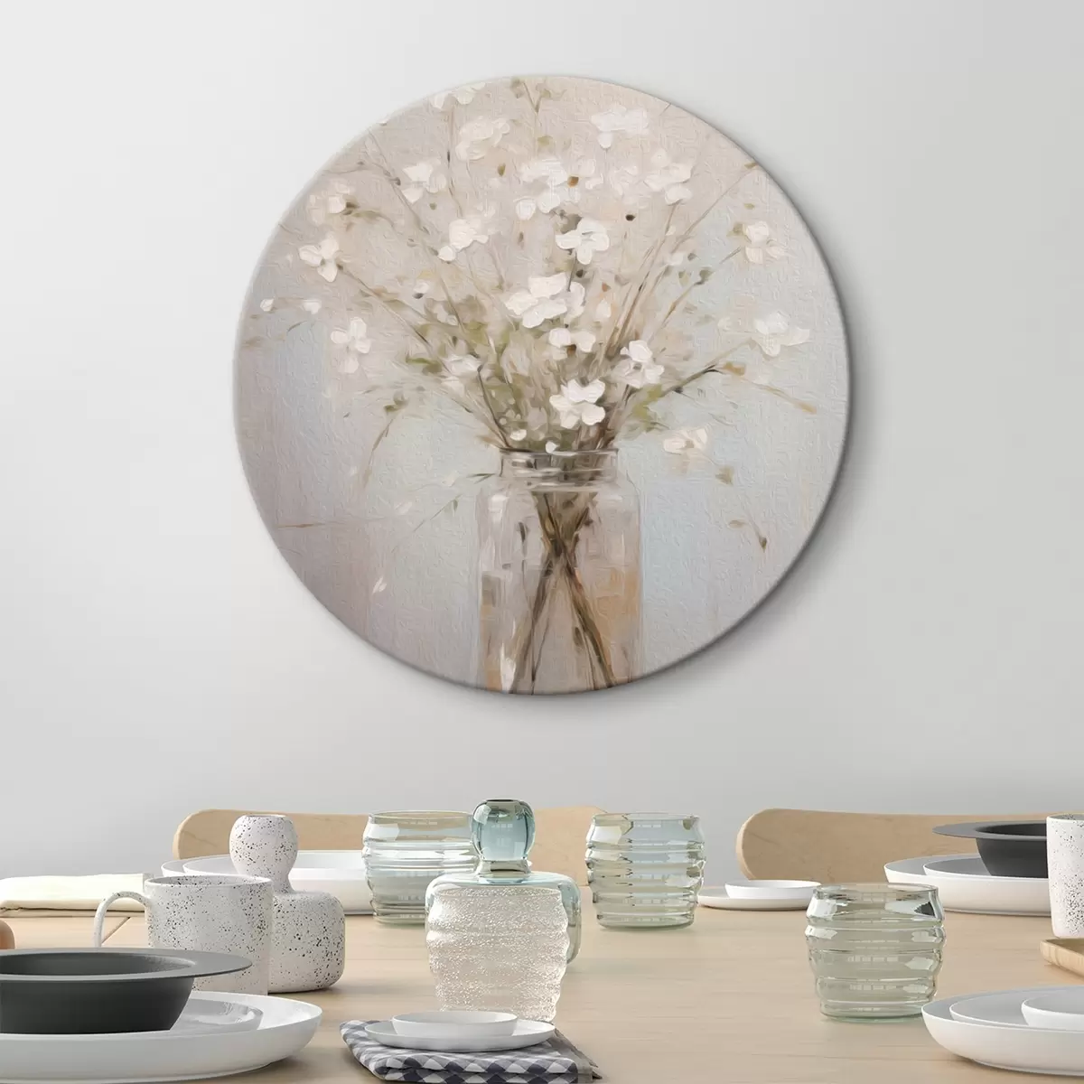 Runde Wandbilder Ein Strauß weißer Blumen in einer transparenten Glasvase r45814