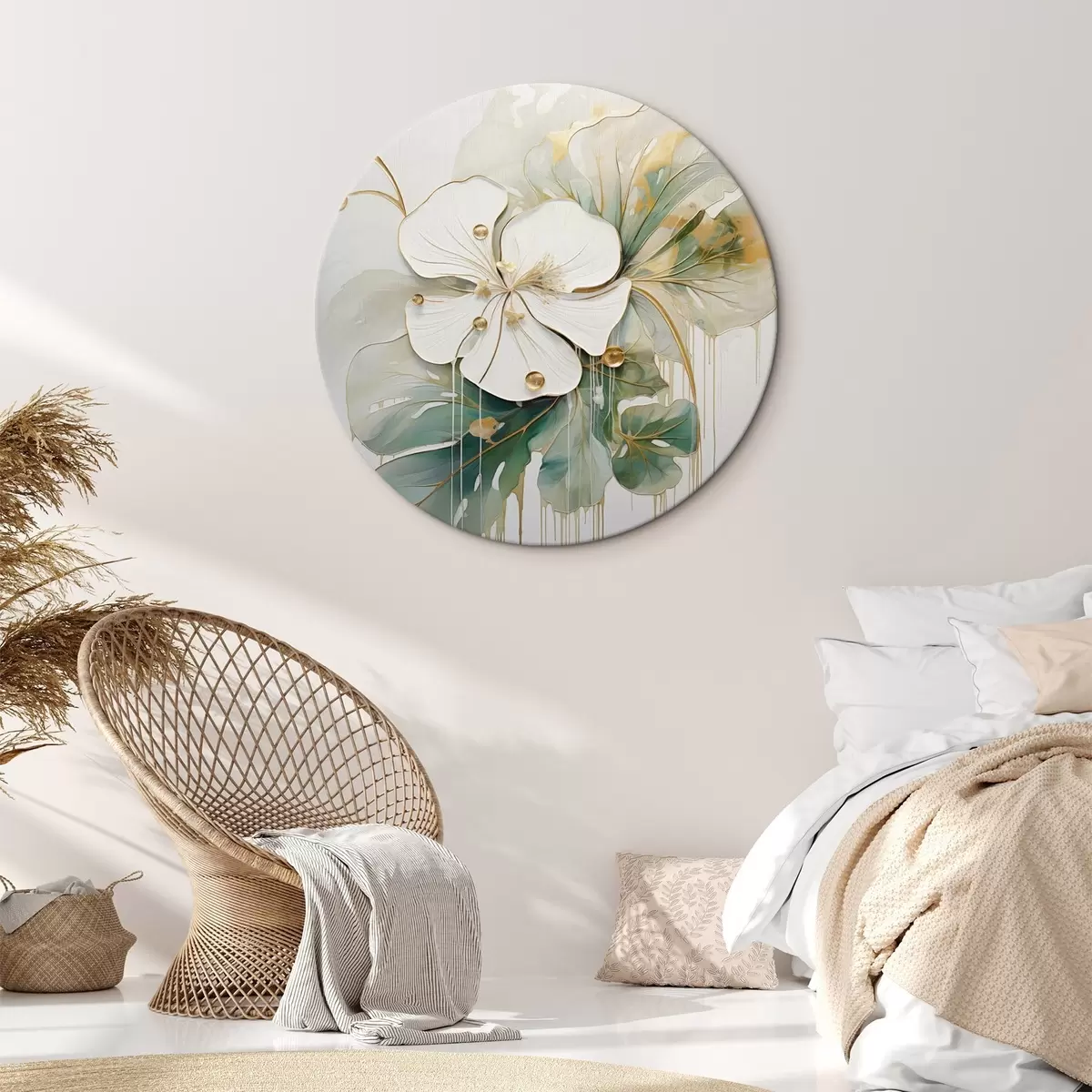 Runde Wandbilder Eine weiße Blume mit gelb-orangefarbenen Details und grünen Blättern r45815