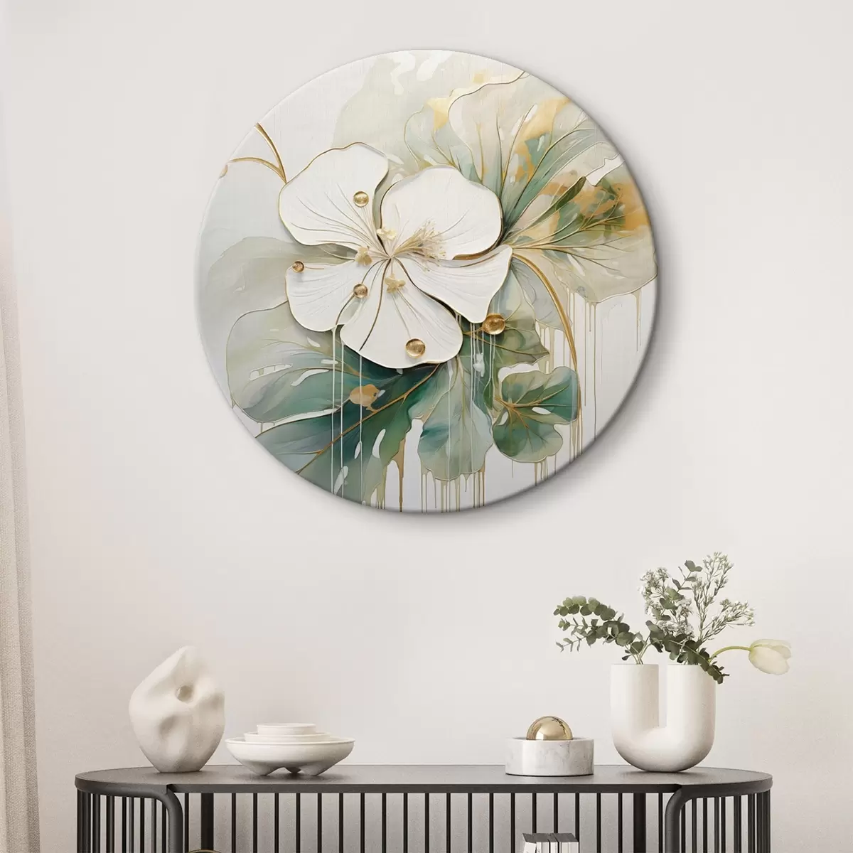 Runde Wandbilder Eine weiße Blume mit gelb-orangefarbenen Details und grünen Blättern r45815