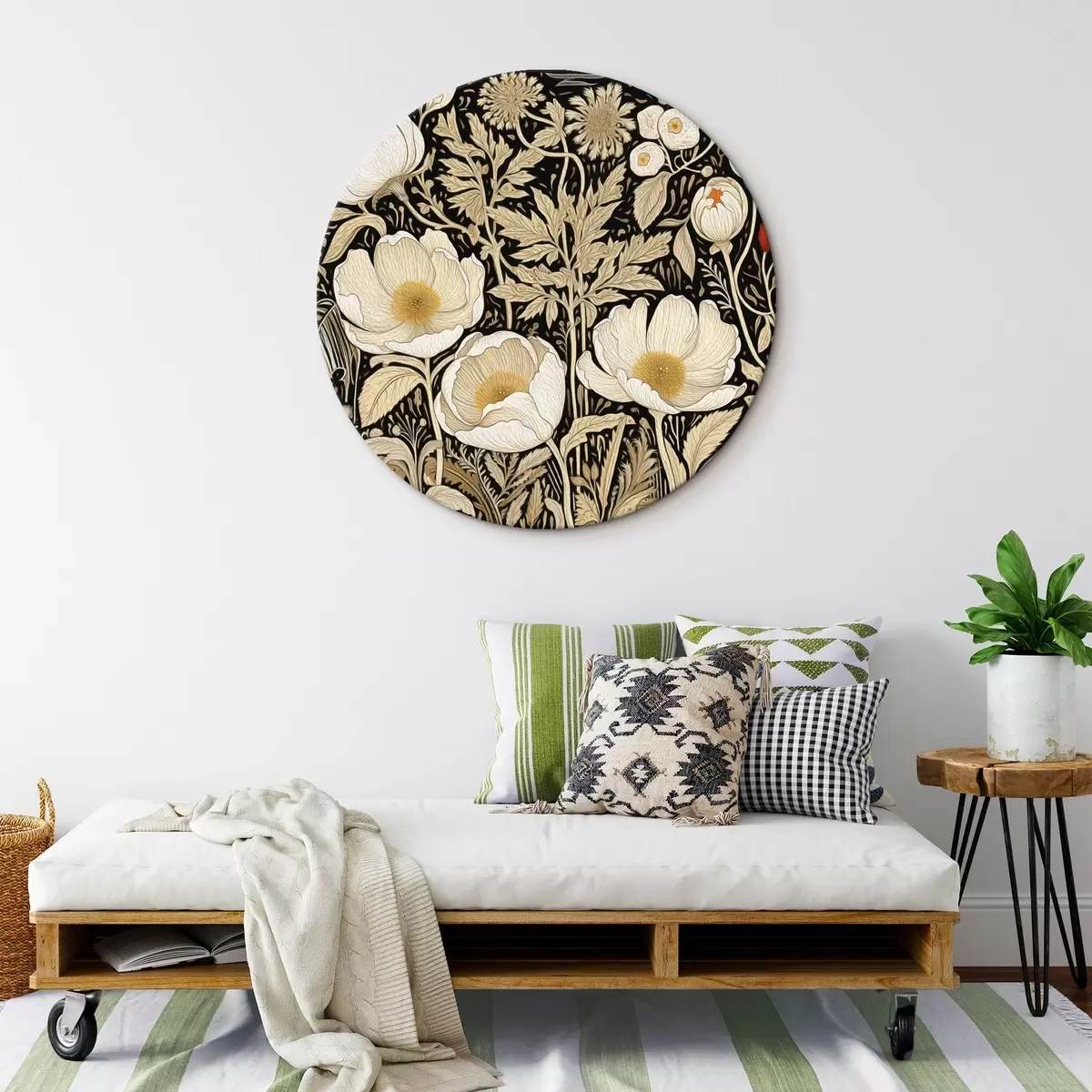 Runde Wandbilder Cremefarbene Blumen und Gräser auf schwarzem Hintergrund r45816