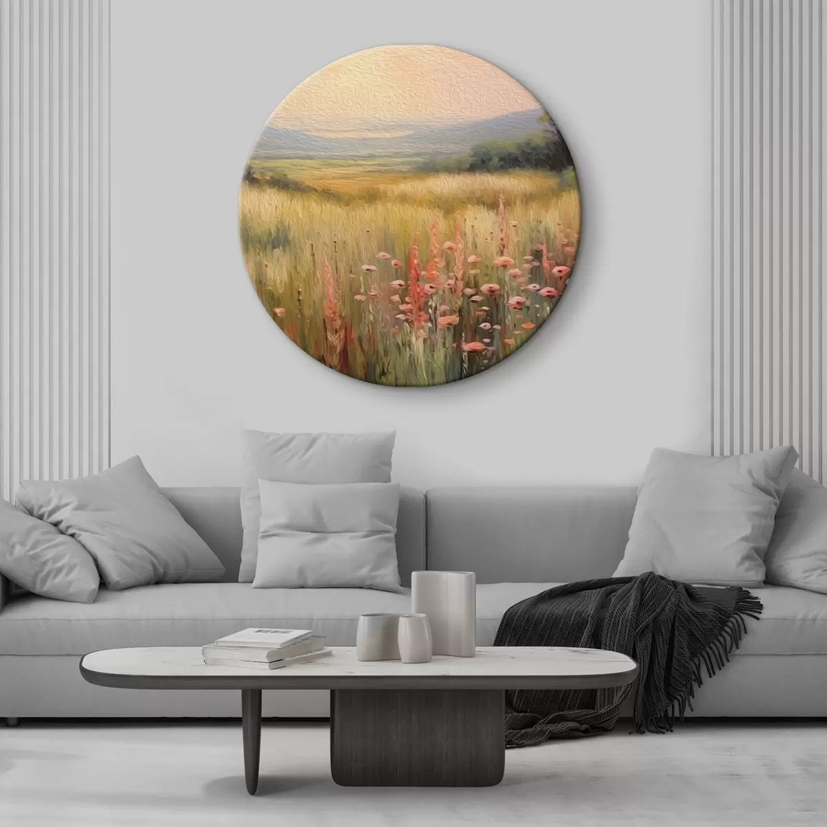 Runde Wandbilder Feldlandschaft mit Blumen bei Sonnenuntergang r45818