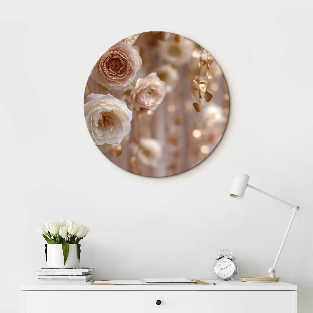 Runde Wandbilder Cremefarbene Rosen mit goldenen Akzenten r45824