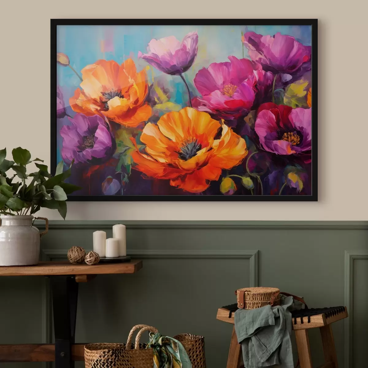 Poster Leuchtende Mohnblumen in Violett- und Orangetönen f45804