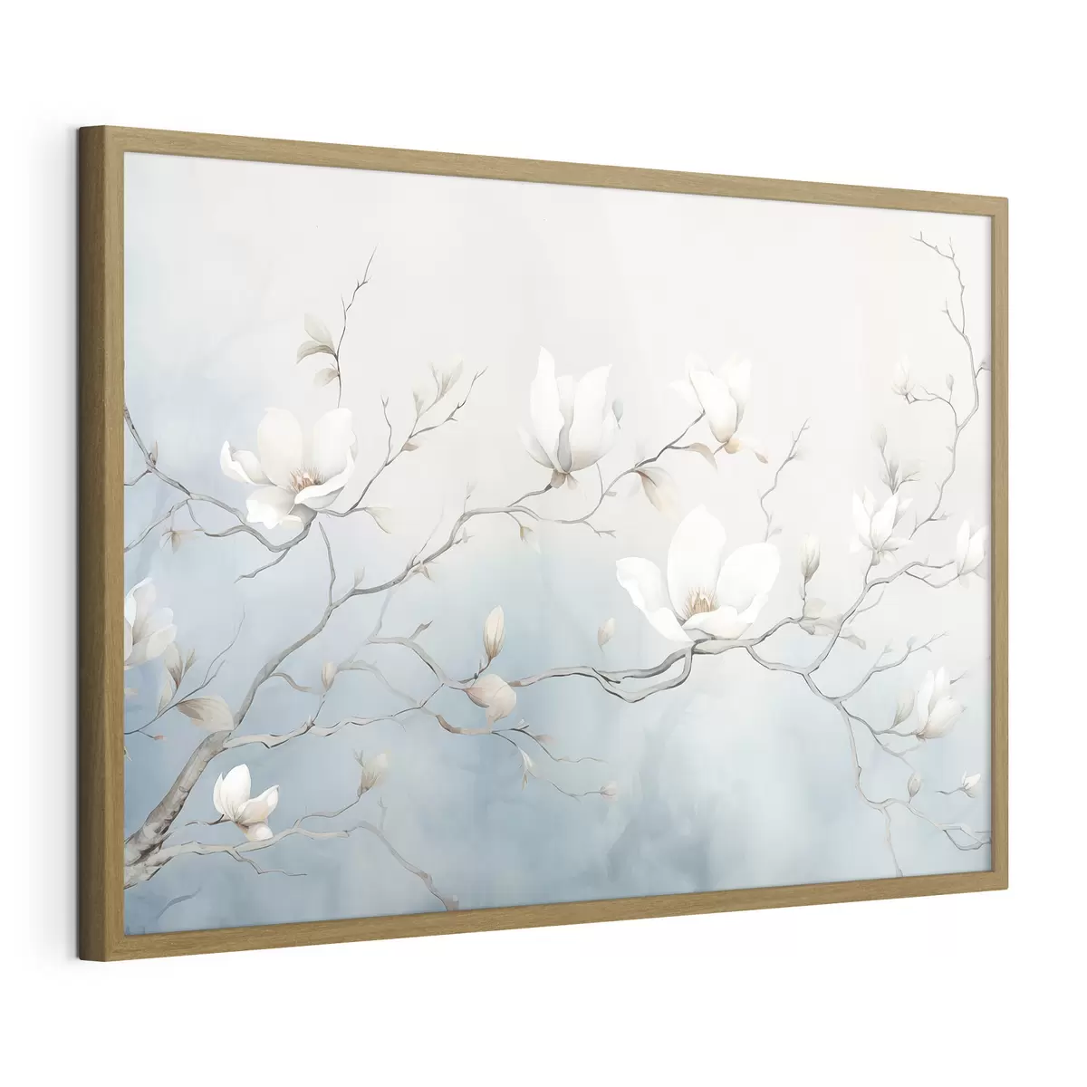 Poster Magnolienzweige mit weißen Blüten vor einem zarten Hintergrund Nr. f45806
