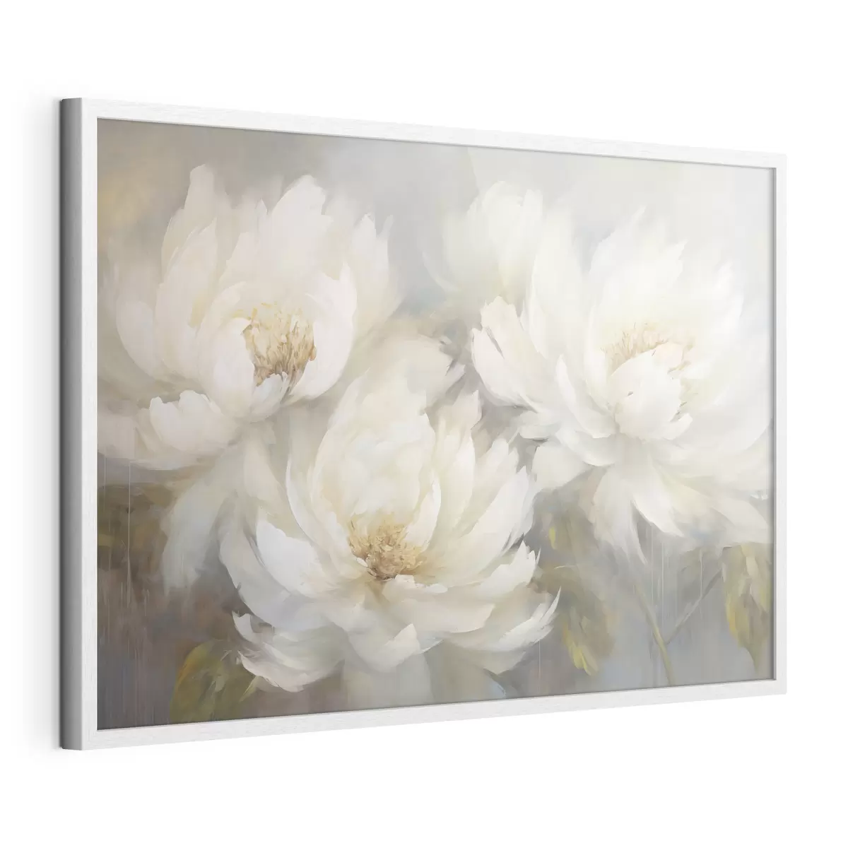 Poster Drei üppige weiße Pfingstrosen auf zartem Hintergrund f45808
