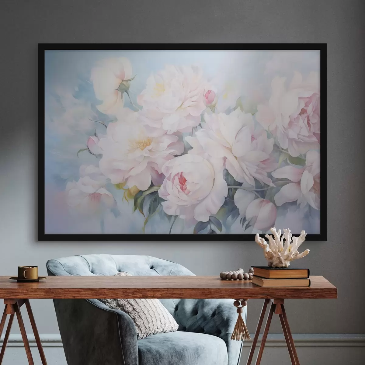 Poster Zarte rosa Pfingstrosen auf himmelblauem Hintergrund f45813