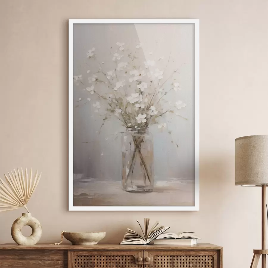Fototapete Ein Strauß weißer Blumen in einer transparenten Glasvase f45814