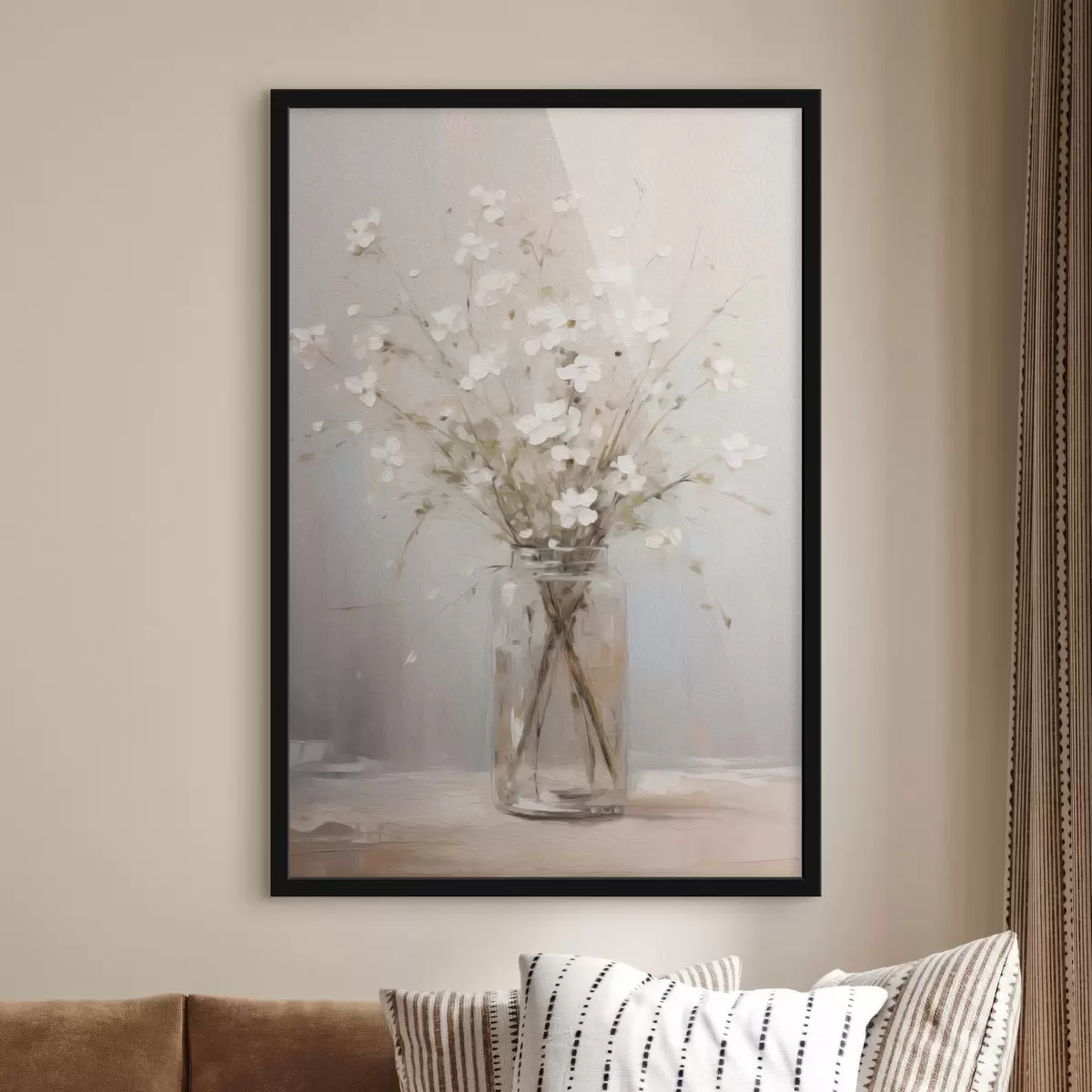 Poster Ein Strauß weißer Blumen in einer transparenten Glasvase f45814
