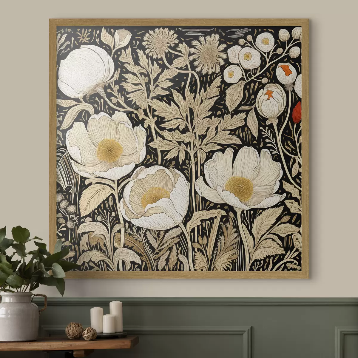 Poster Cremefarbene Blumen und Gräser auf schwarzem Hintergrund f45816