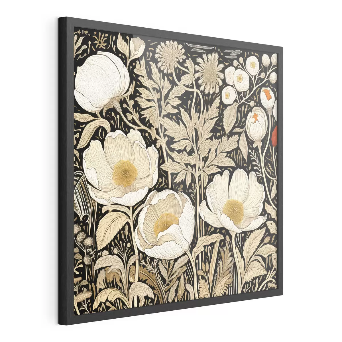 Poster Cremefarbene Blumen und Gräser auf schwarzem Hintergrund f45816