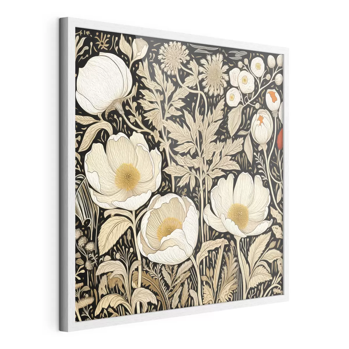 Poster Cremefarbene Blumen und Gräser auf schwarzem Hintergrund f45816