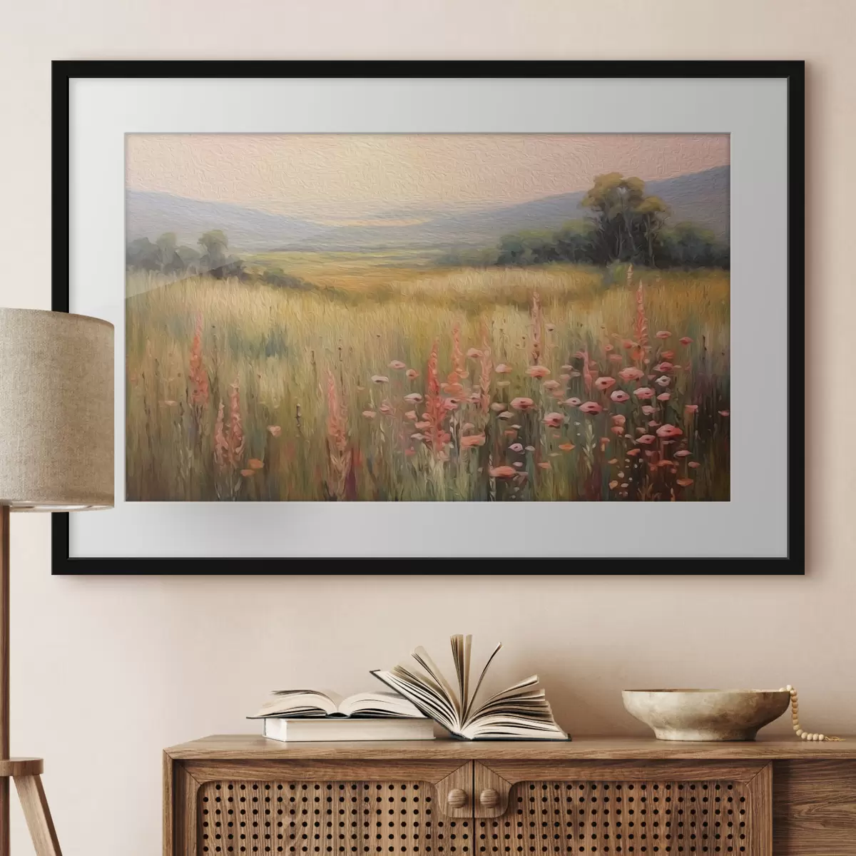Poster Feldlandschaft mit Blumen bei Sonnenuntergang f45818