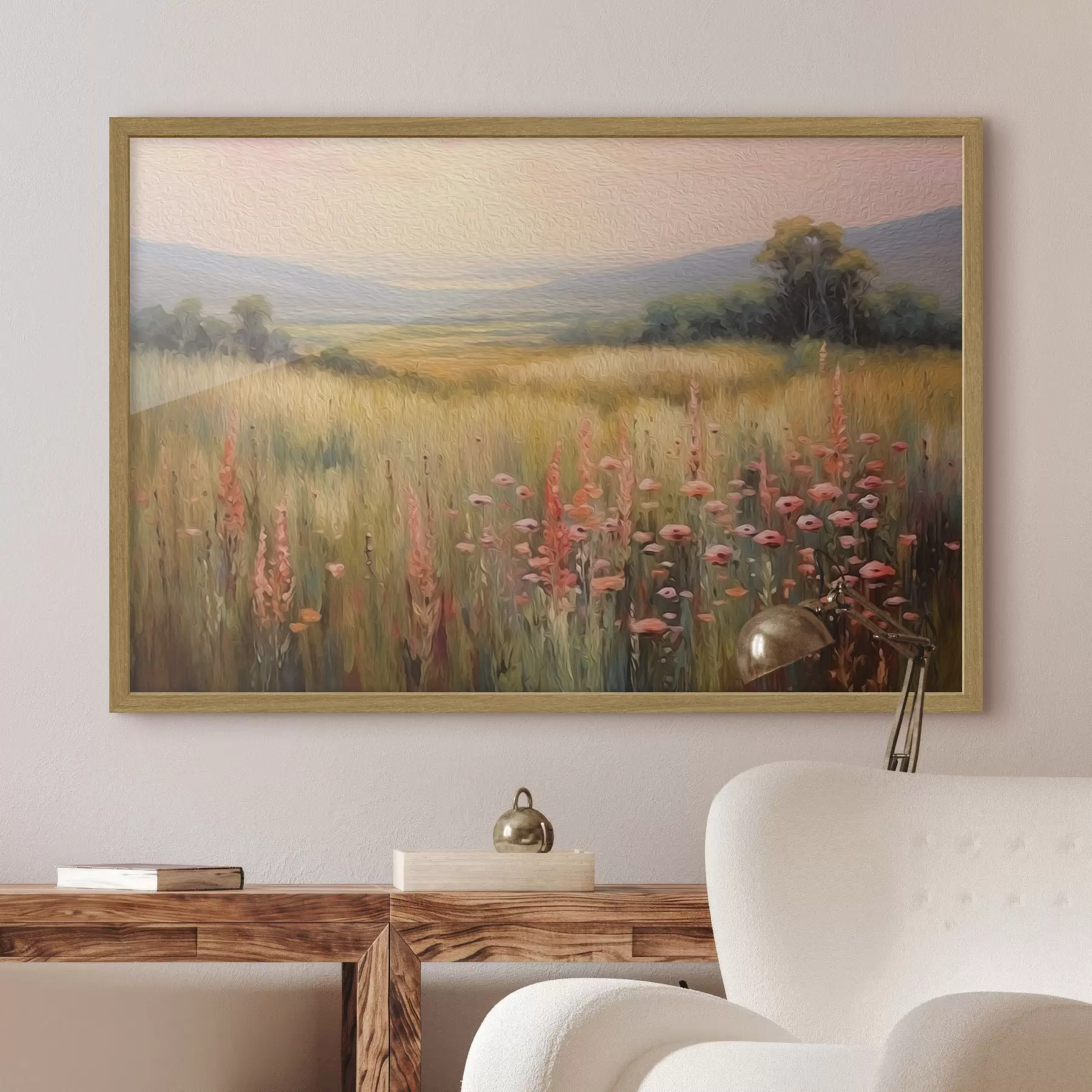 Fototapete Feldlandschaft mit Blumen bei Sonnenuntergang f45818