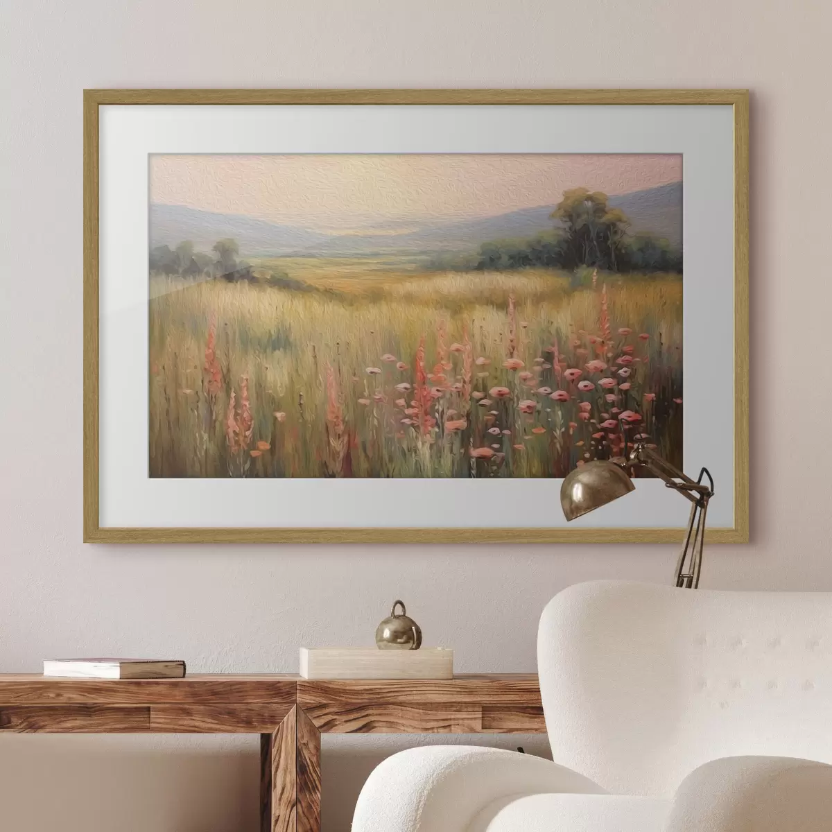 Poster Feldlandschaft mit Blumen bei Sonnenuntergang f45818