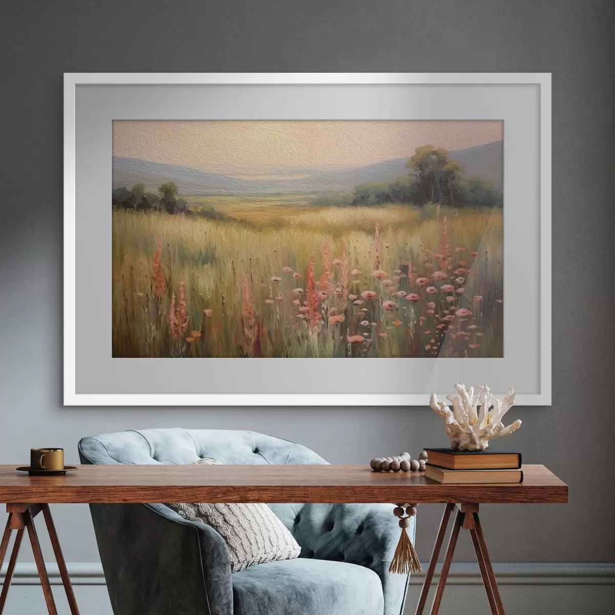 Poster Feldlandschaft mit Blumen bei Sonnenuntergang f45818