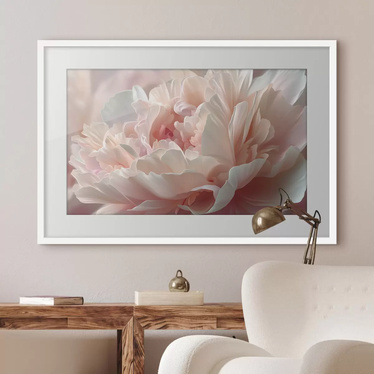 Poster Blühende Pfingstrose in Rosa- und Beigetönen f45825