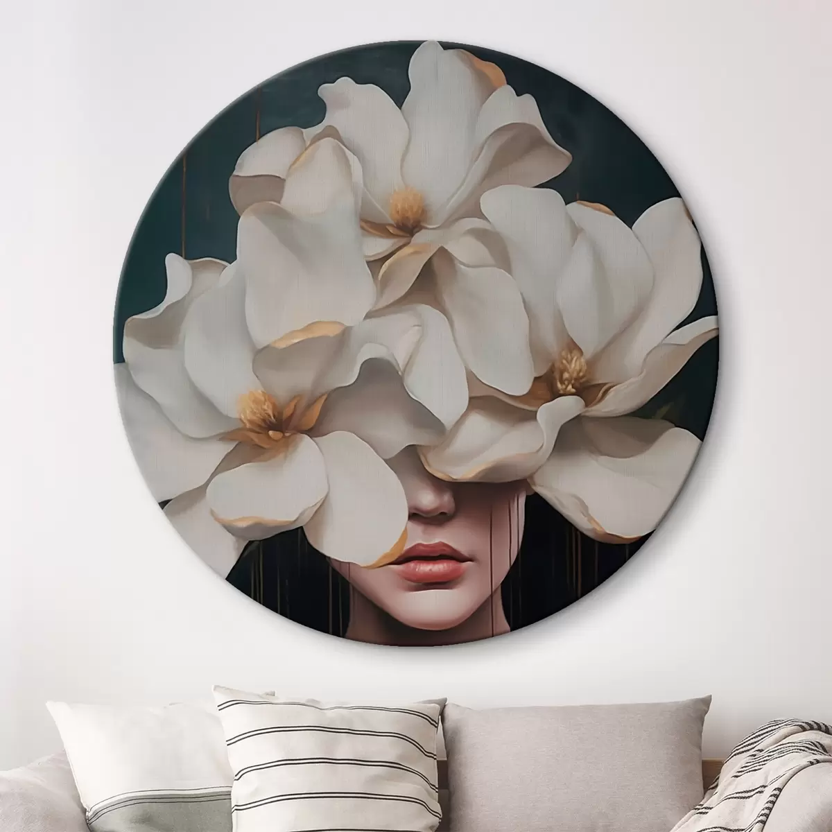Runde Wandbilder Frau mit weißen Blumen auf dem Kopf r45843