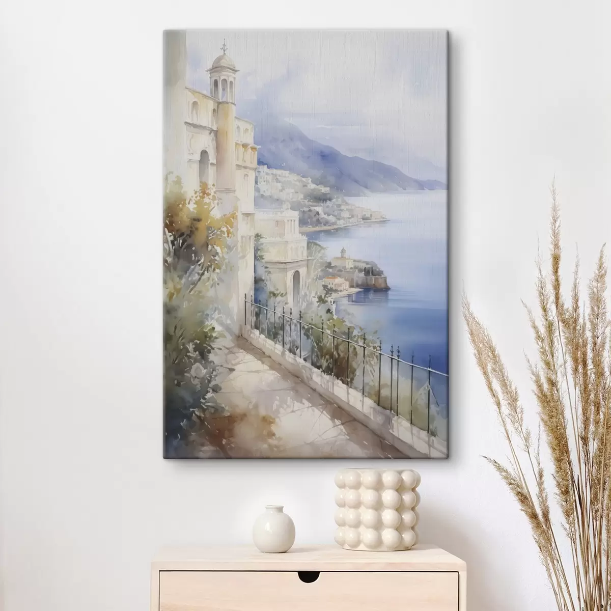 Fototapete Bucht in der Nähe der Stadt, Aquarellimitation s45979