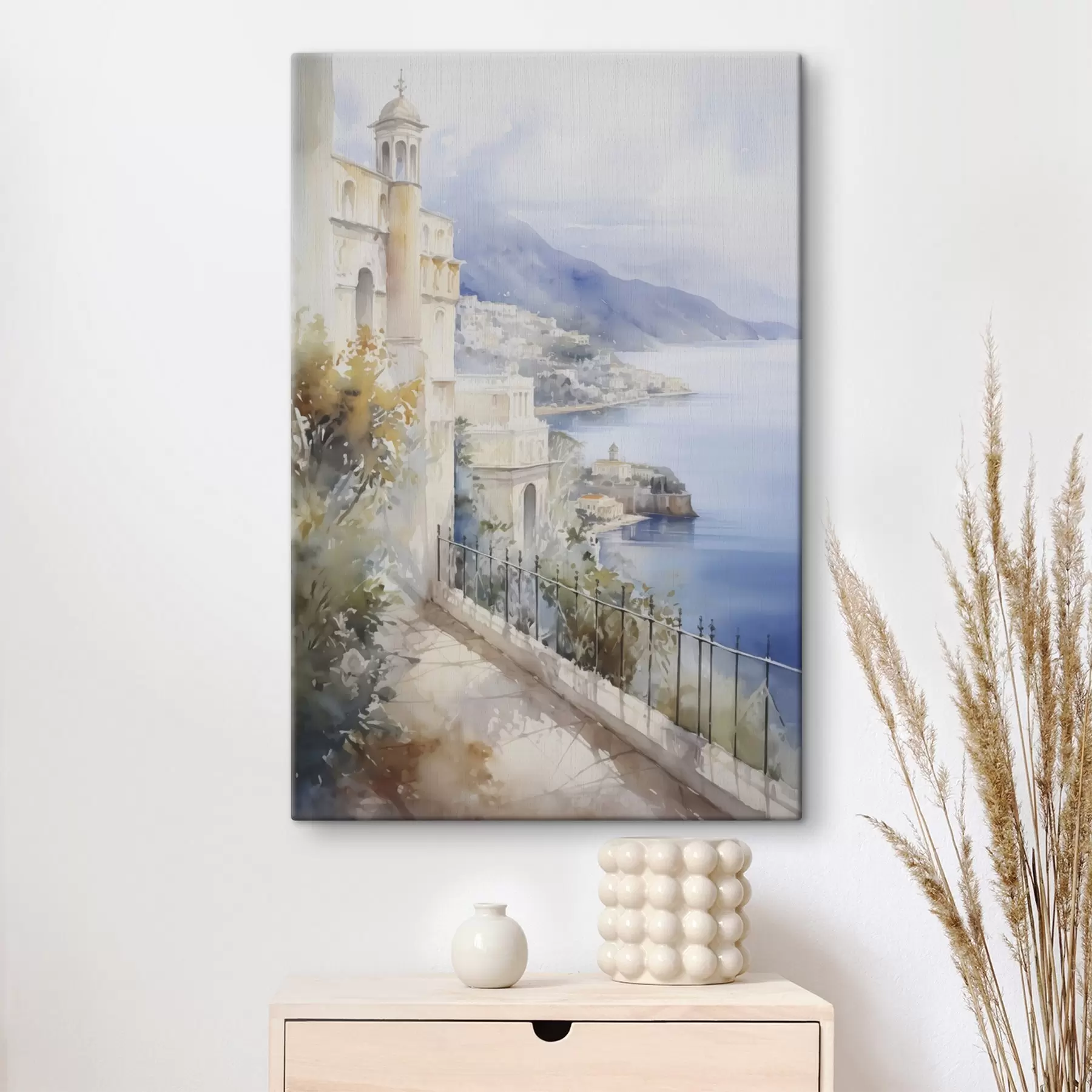 Fototapete Bucht in der Nähe der Stadt, Aquarellimitation s45979