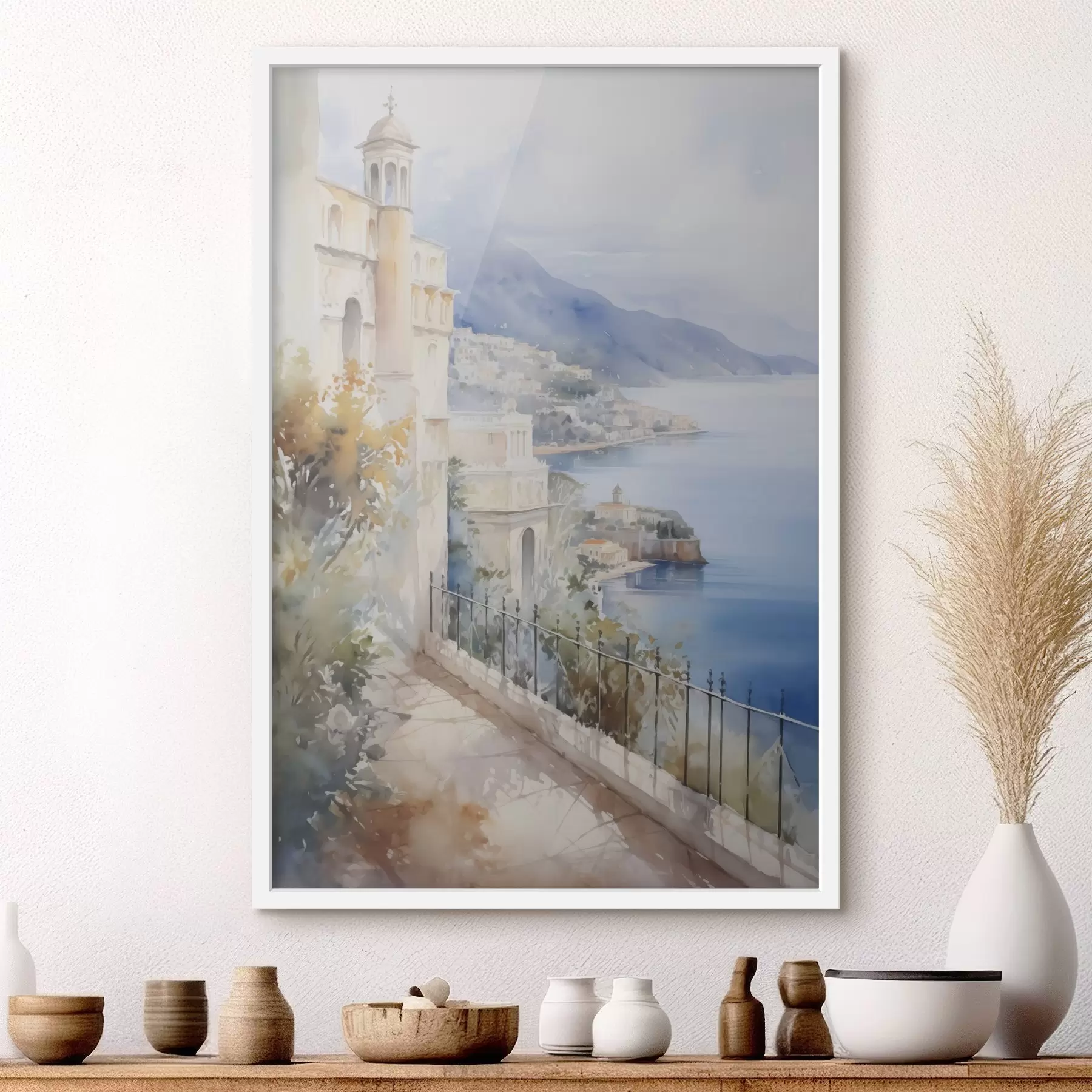 Fototapete Bucht in der Nähe der Stadt, Aquarellimitation f45979