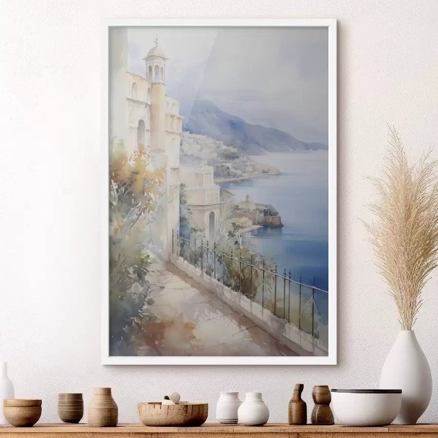Fototapete Bucht in der Nähe der Stadt, Aquarellimitation f45979