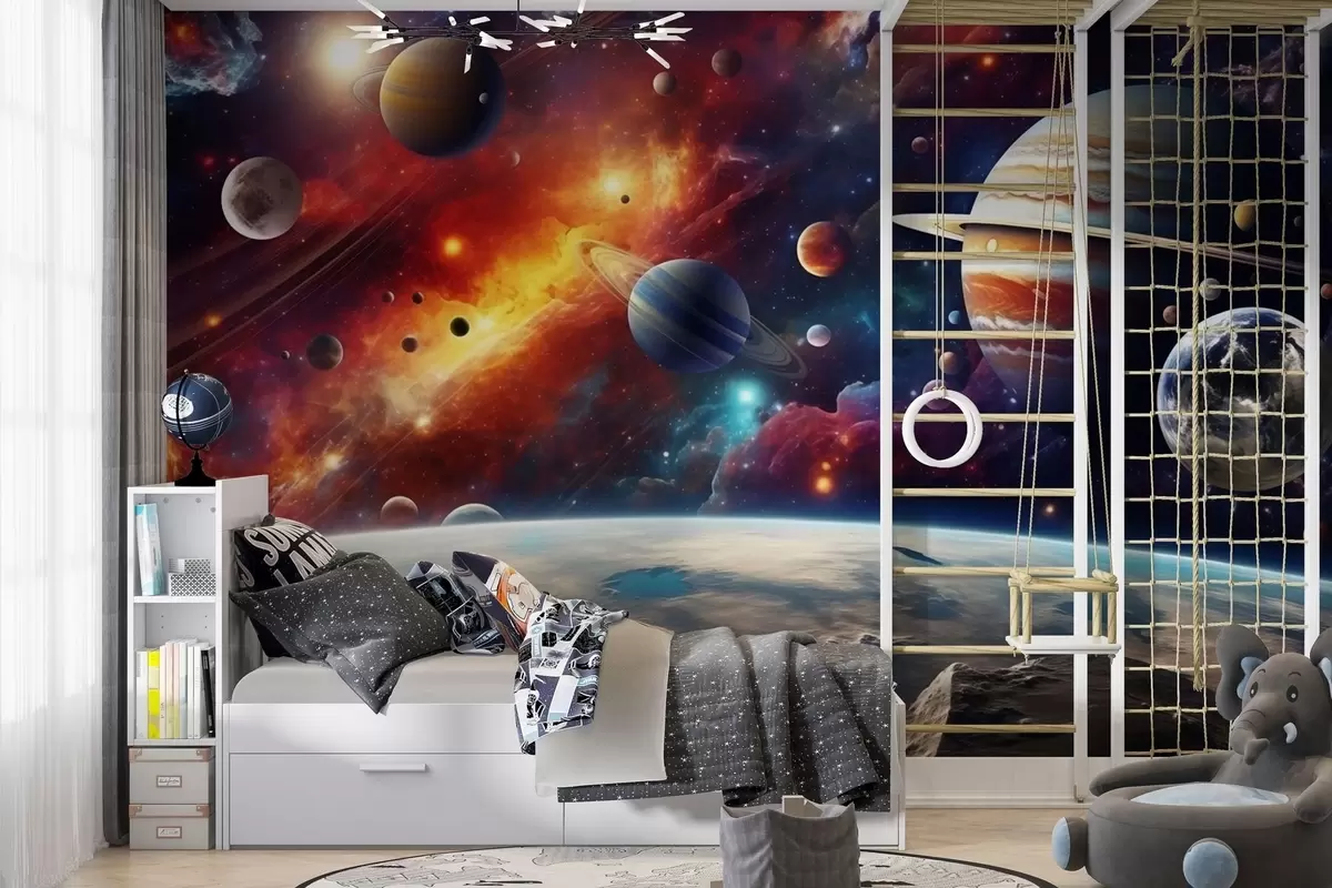 Fototapete Bunter Kosmos mit Planeten und Nebeln w04576