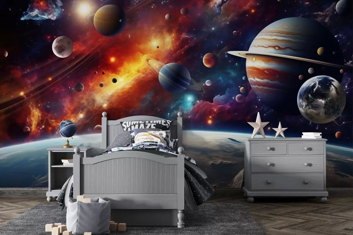 Fototapete Bunter Kosmos mit Planeten und Nebeln w04576