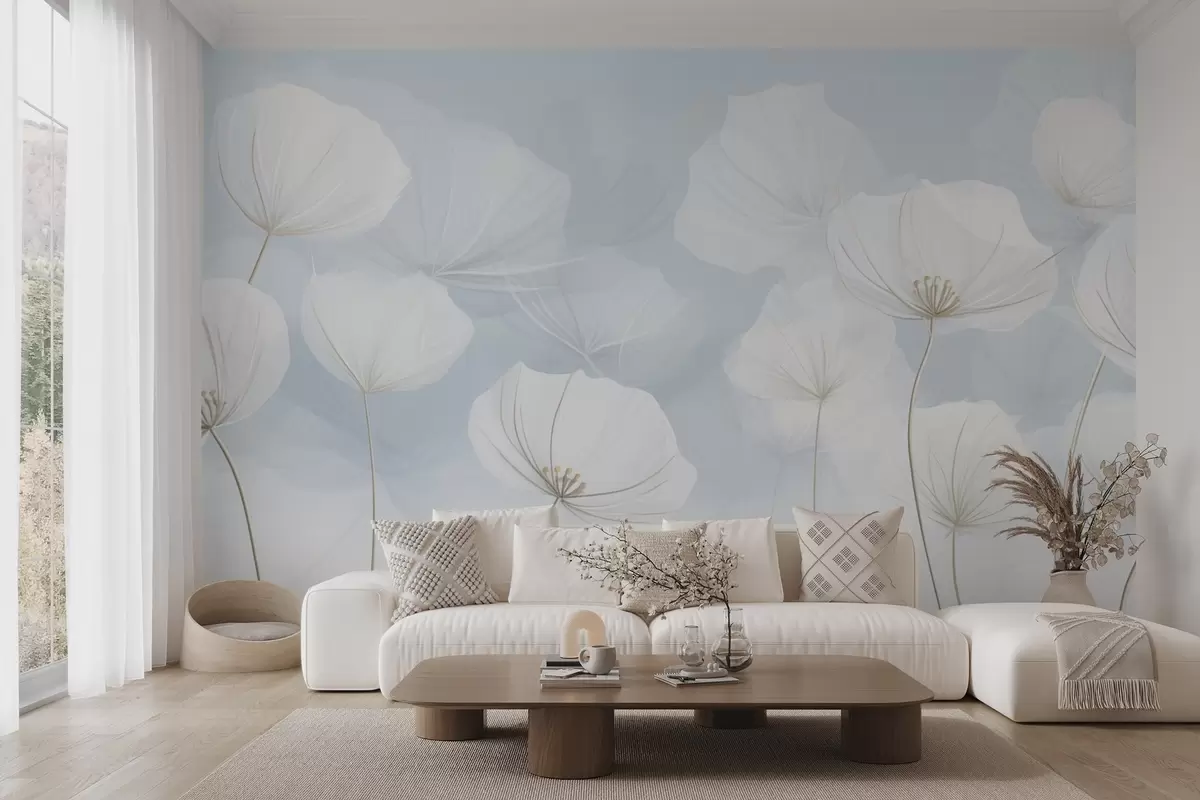Fototapete Luftige weiße Blumen auf blauem Hintergrund w04580