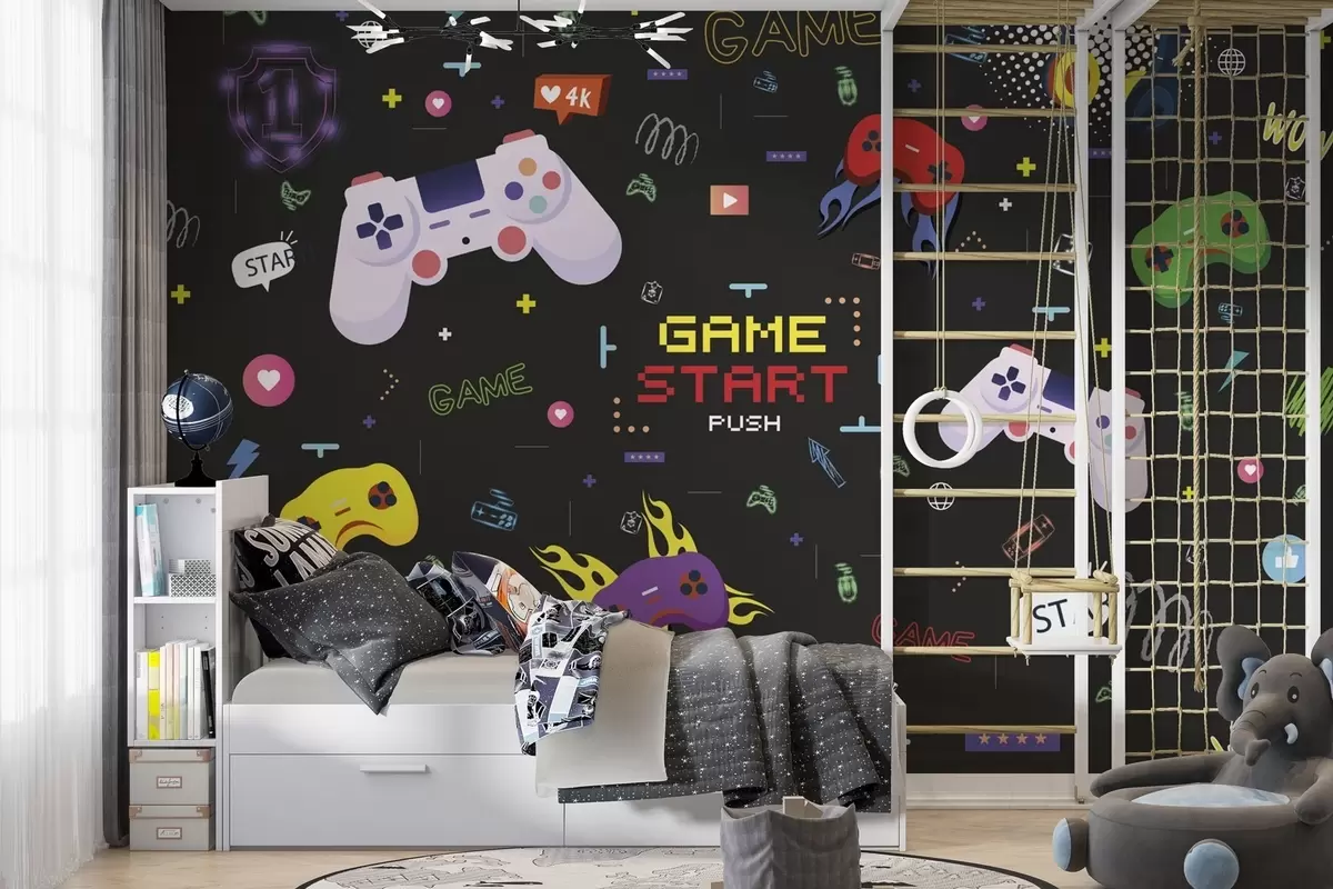Fototapete Helles Gamer-Muster mit Konsolen und pixelartigem Text w04581