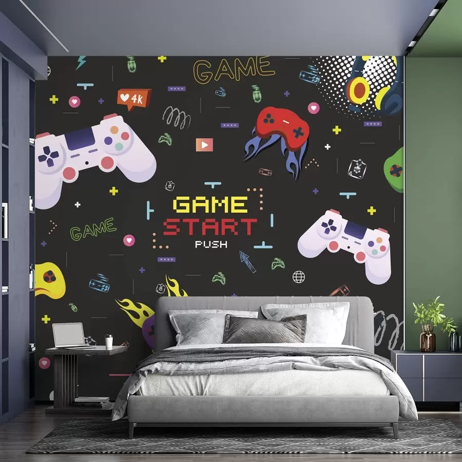 Fototapete Helles Gamer-Muster mit Konsolen und pixelartigem Text w04581