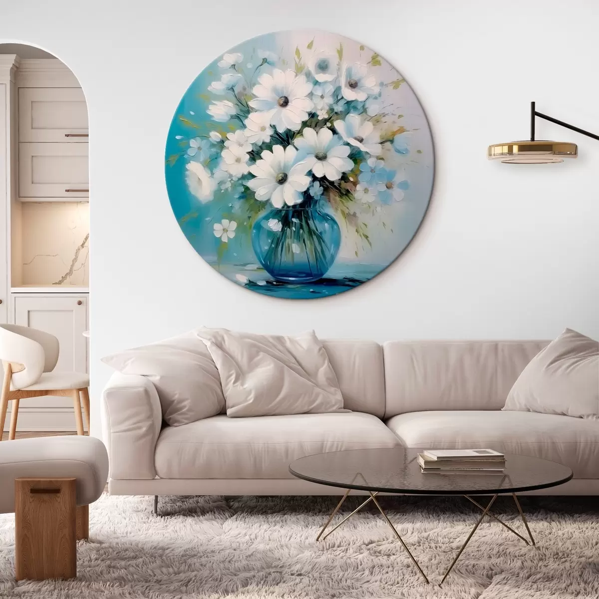 Runde Wandbilder Strauß Gänseblümchen in einer blauen Vase r45959