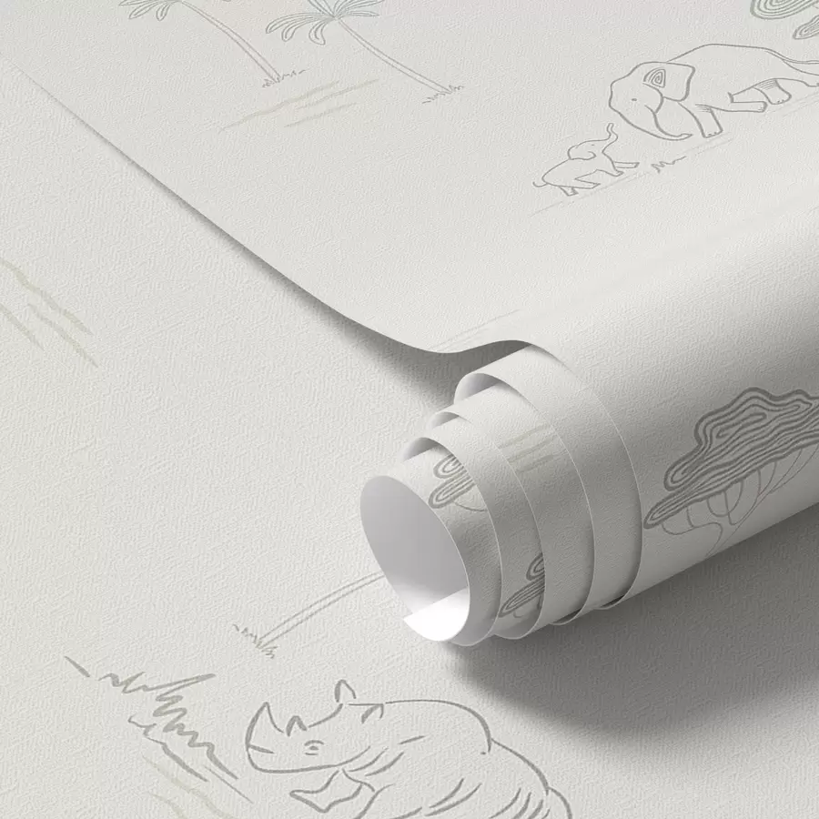 Fototapete Minimalistische Safari: Elefanten, Nashörner, Leoparden und Palmen a00492