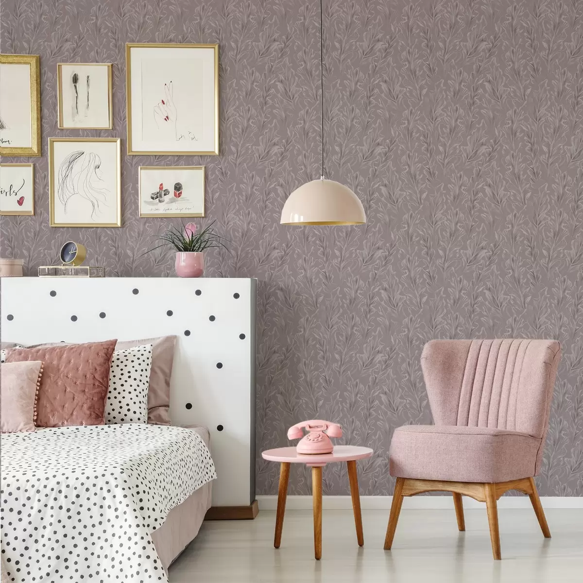 Tapete Fließende Blattwellen in einer staubigen Rosa-Beige-Palette a00495