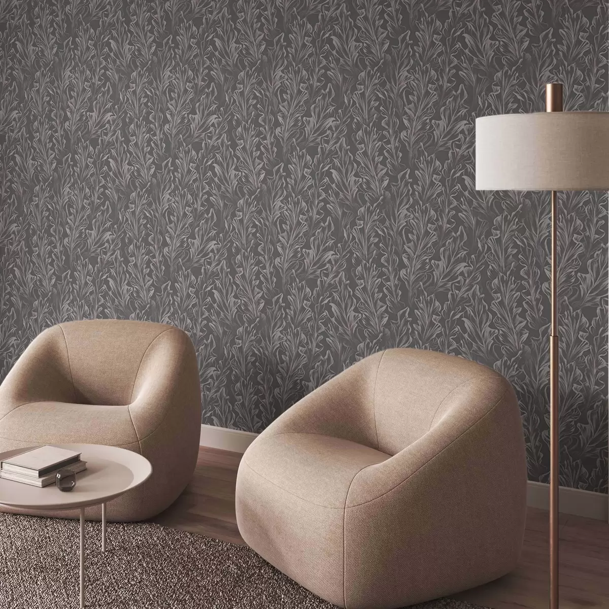 Tapete Fließende Blattwellen auf graphitfarbenem Hintergrund, hoher Kontrast a00495v1