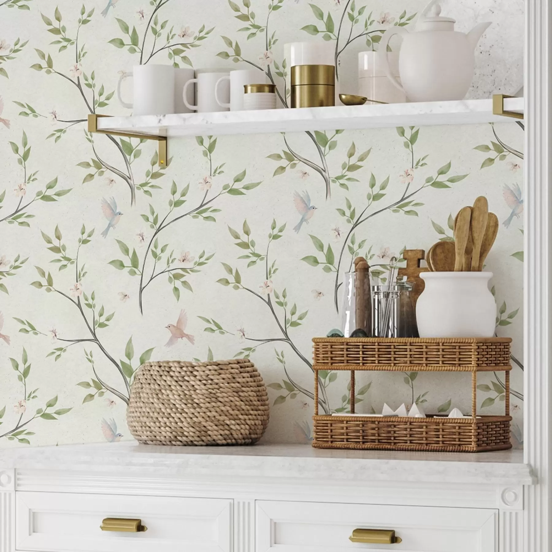 Fototapete Aquarellzweige mit Blättern und Vögeln auf hellem Hintergrund a00496