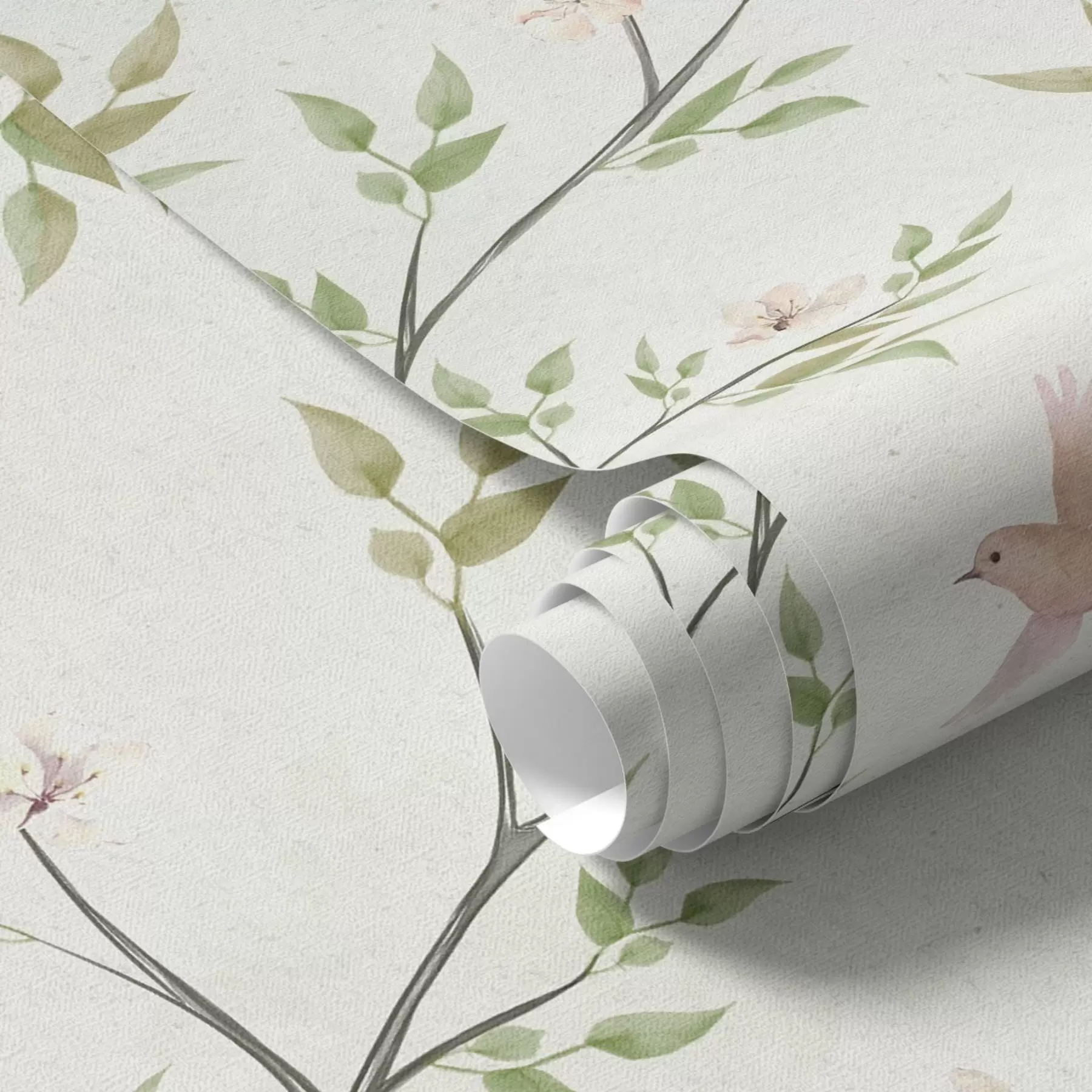 Fototapete Aquarellzweige mit Blättern und Vögeln auf hellem Hintergrund a00496