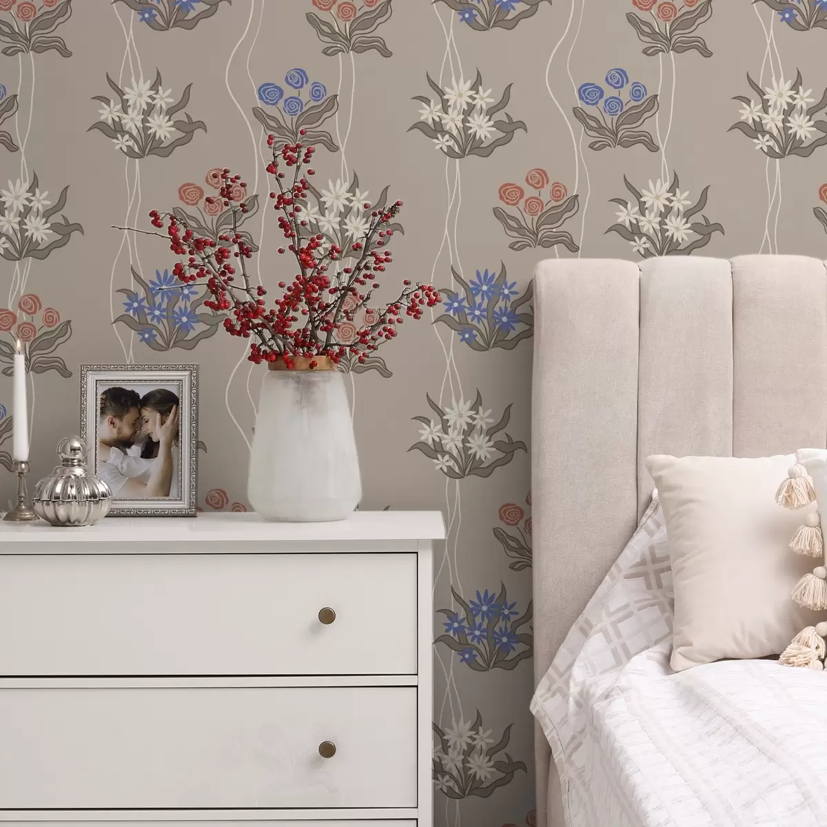 Tapete Retro-Blumen mit Wellenlinien auf warmem Beige a00503