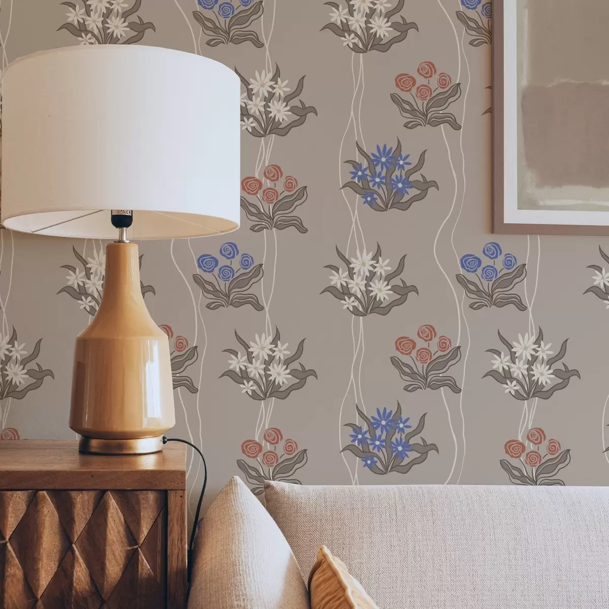 Tapete Retro-Blumen mit Wellenlinien auf warmem Beige a00503