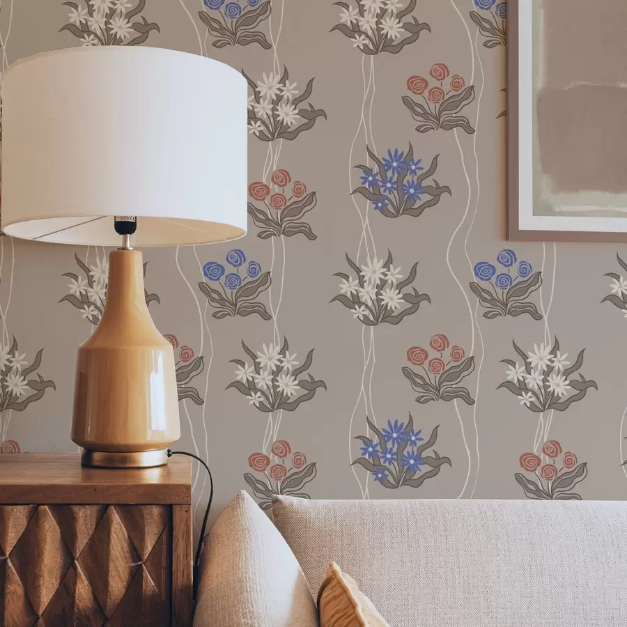 Fototapete Retro-Blumen mit Wellenlinien auf warmem Beige a00503