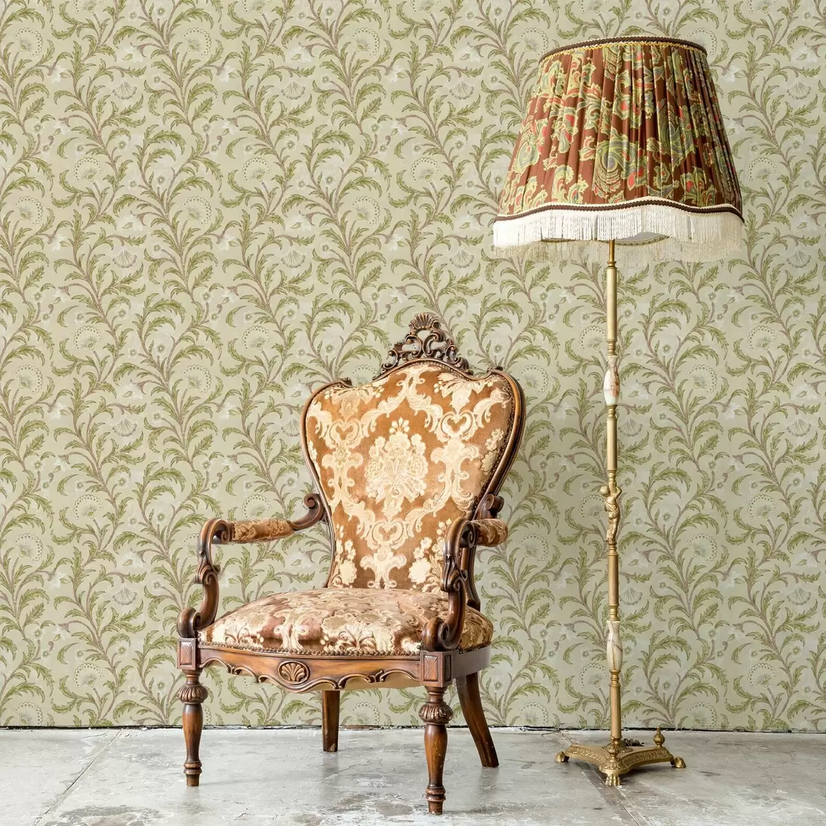 Tapete Vintage-Ornament mit Schnörkeln und Blumen, beige und olivgrün a00574