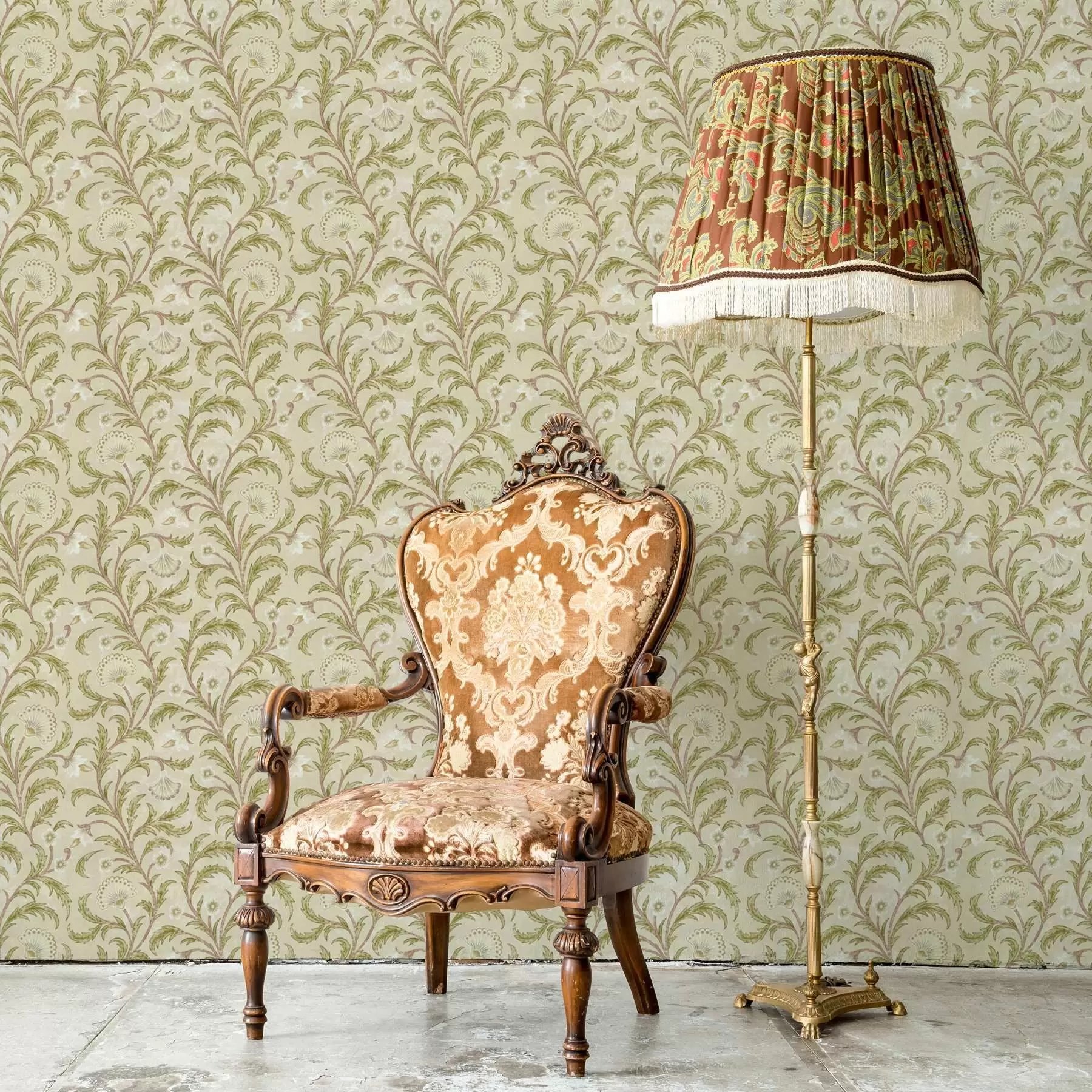 Fototapete Vintage-Ornament mit Schnörkeln und Blumen, beige und olivgrün a00574